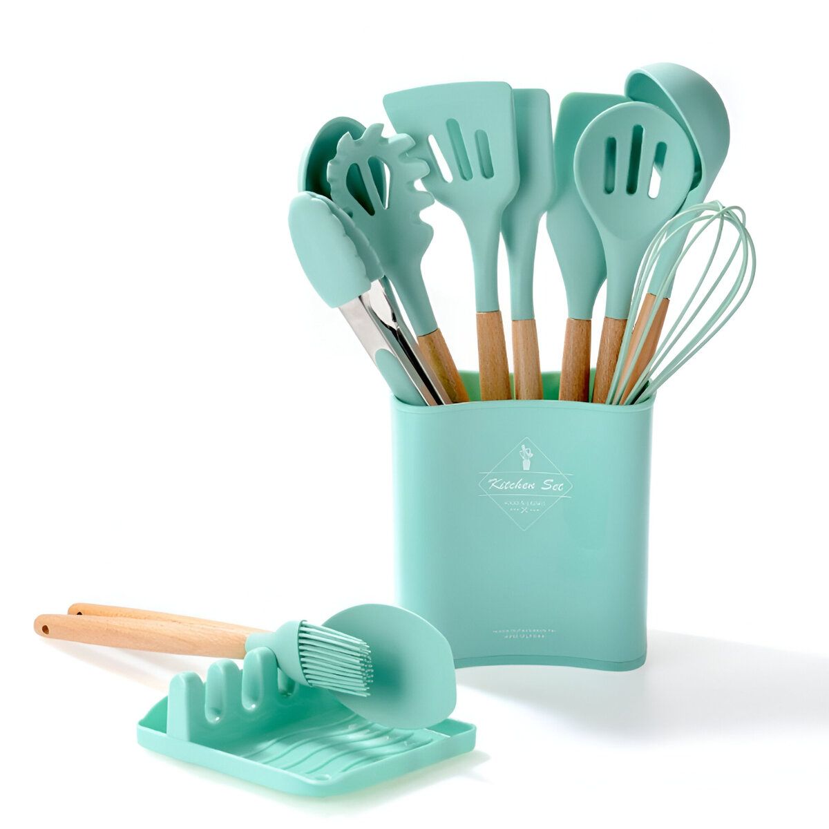 ELMEJORPRECIO - Set De 13 Utensilios De Silicona Para Cocina Verde Jade
