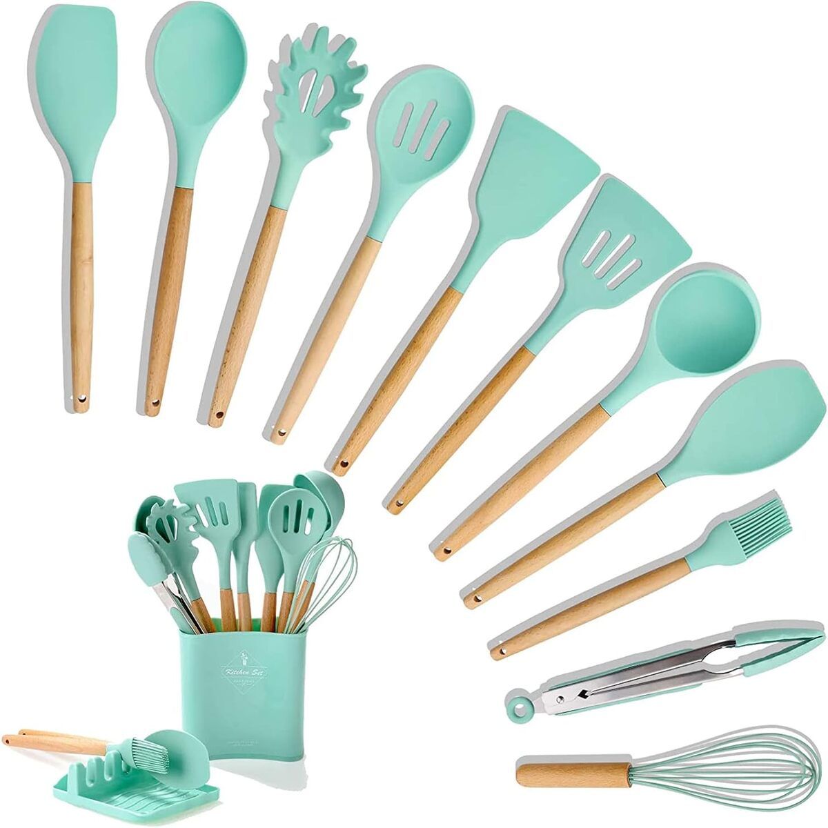 ELMEJORPRECIO - Set De 13 Utensilios De Silicona Para Cocina Verde Jade