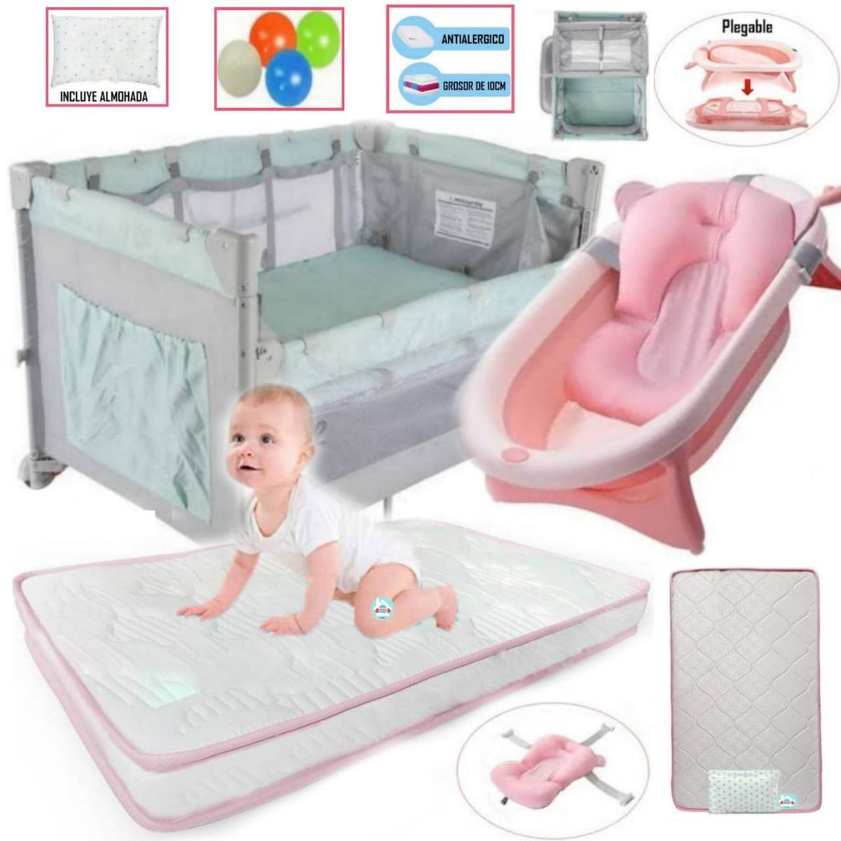 INFANTI - Corral Cuna Always Together + Colchón ROSADO y Tina ROSADO
