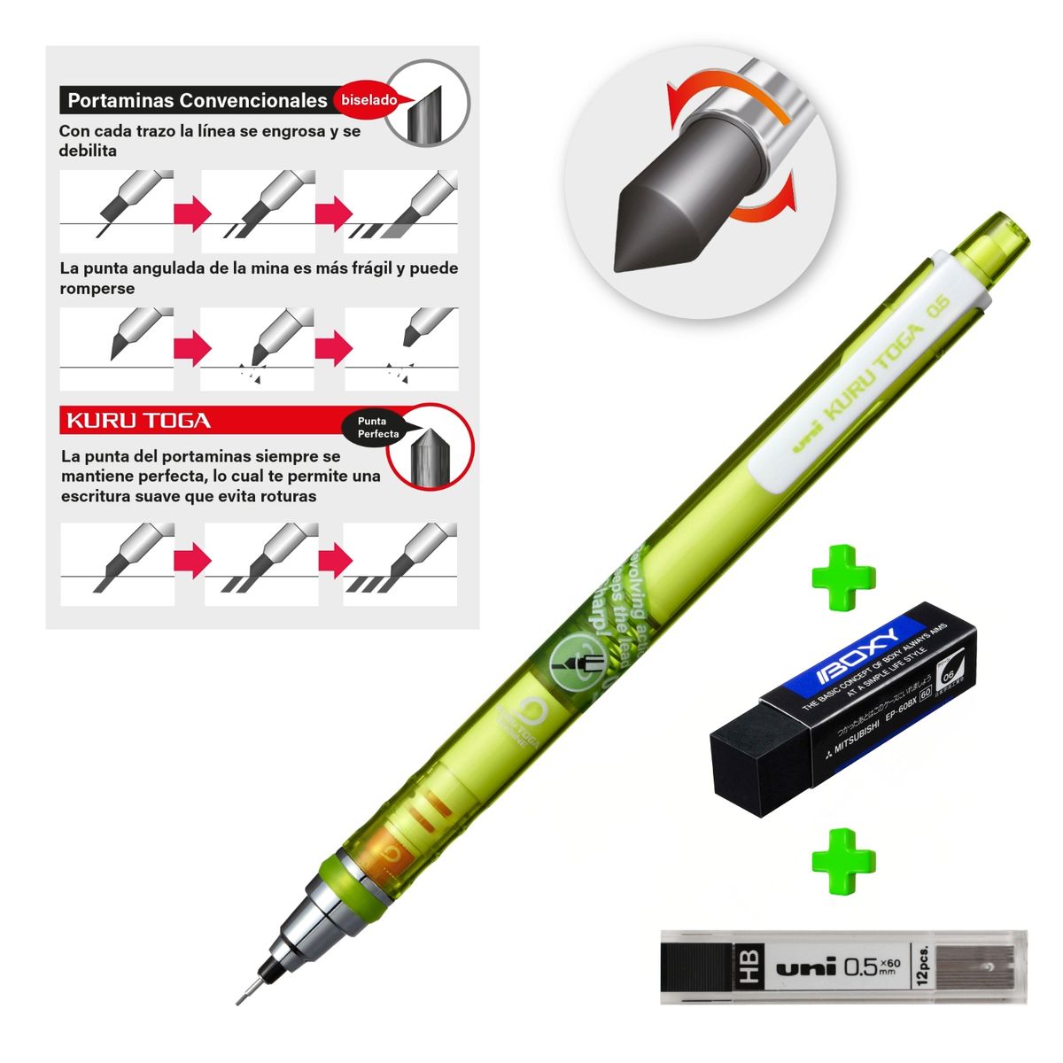 UNI BALL - Uni Kurutoga auto-tajable Verde + Borrador Boxy + Minas HB