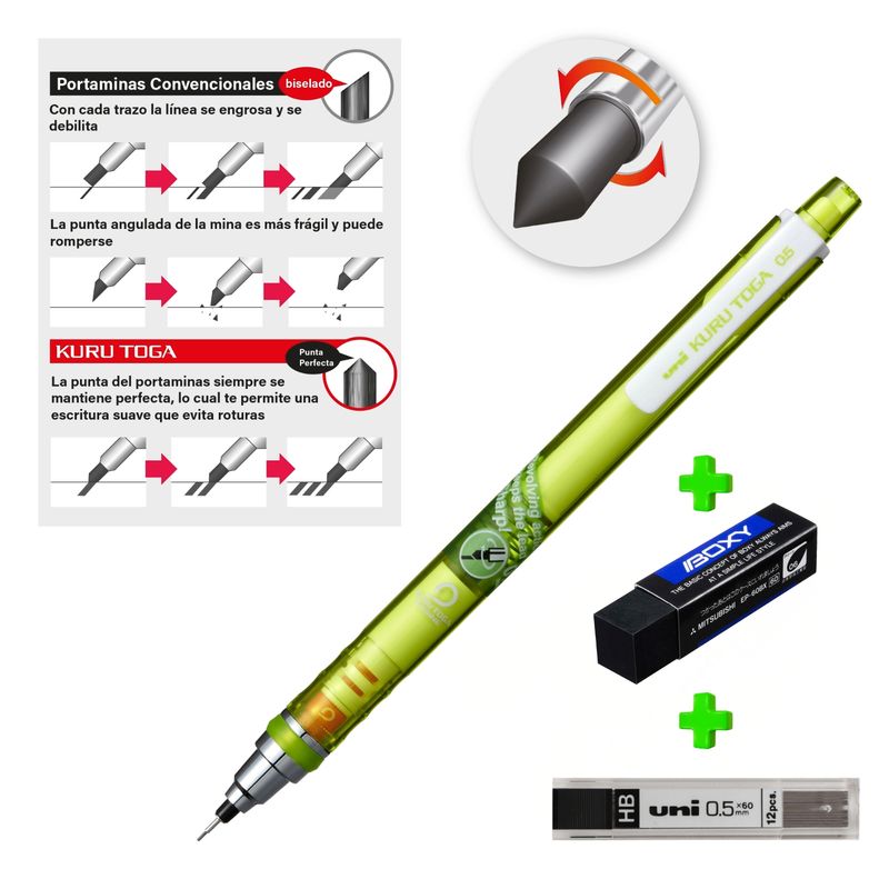 UNI BALL - Uni Kurutoga auto-tajable Verde + Borrador Boxy + Minas HB
