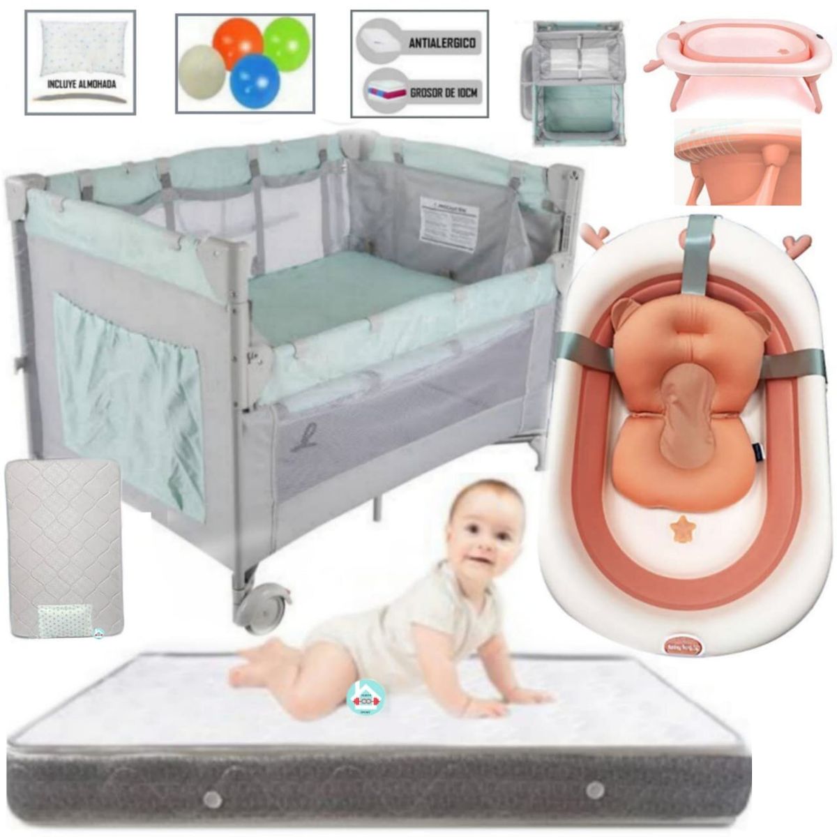 INFANTI - Corral Cuna Always Together T + Colchón PLOMO y Tina ROSADO
