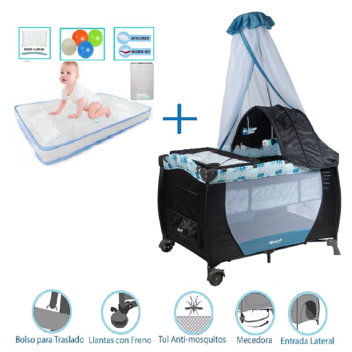 EBABY - Cuna corral Sally  + colchon Azul - Celeste