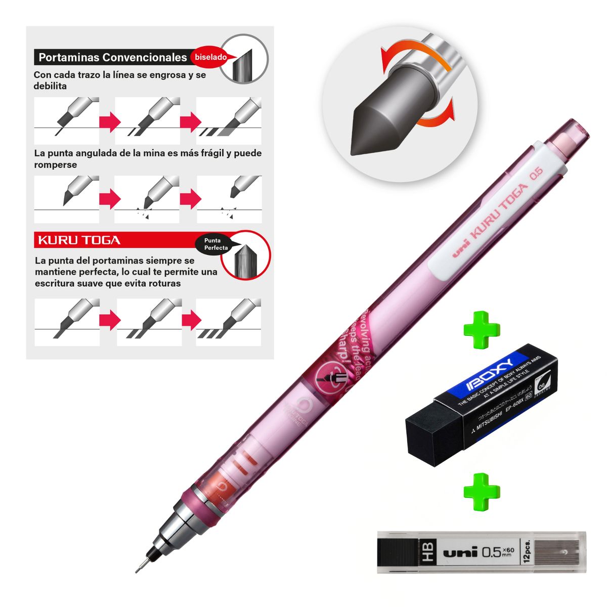 UNI BALL - Uni Kurutoga auto-tajable Rosado + Borrador Boxy + Minas HB