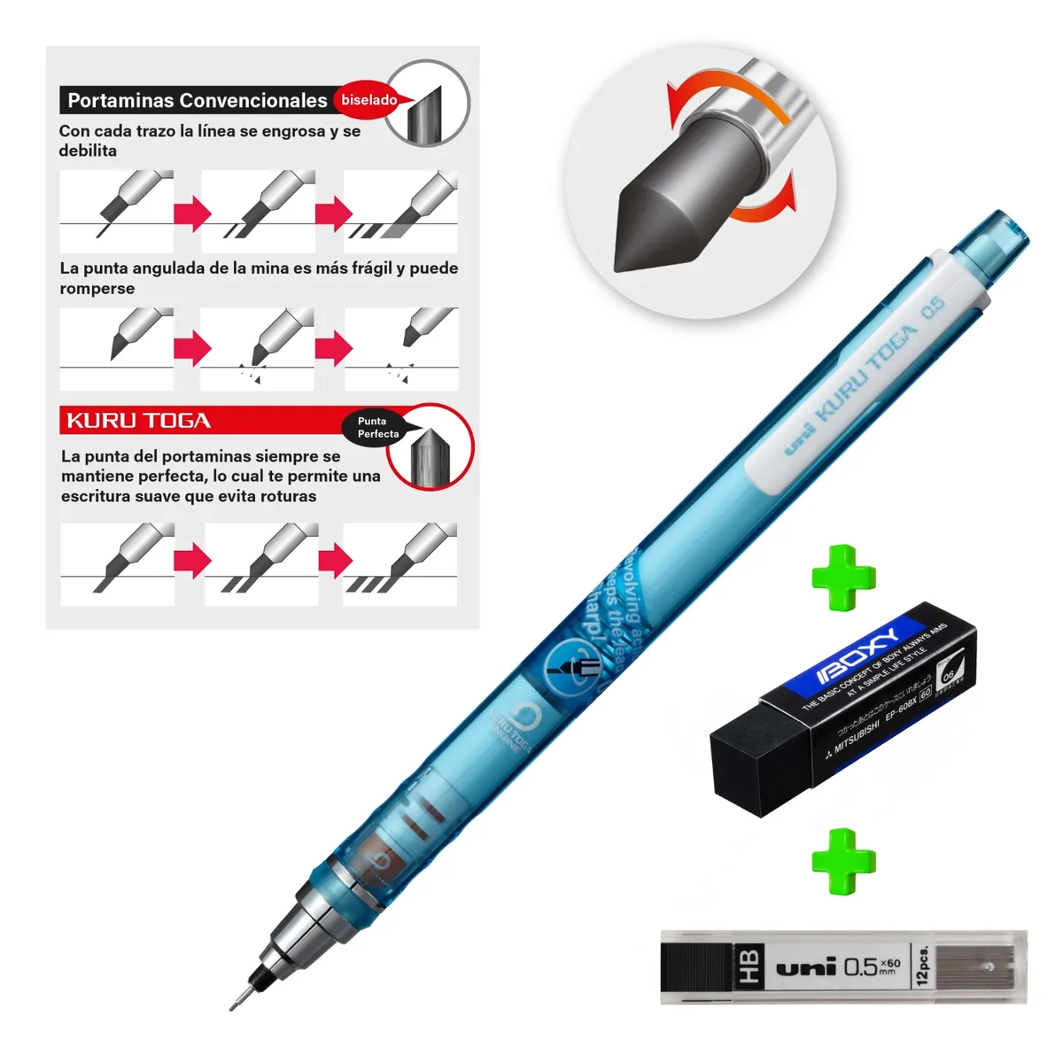 UNI BALL - Uni Kurutoga auto-tajable Celeste + Borrador Boxy + Minas HB