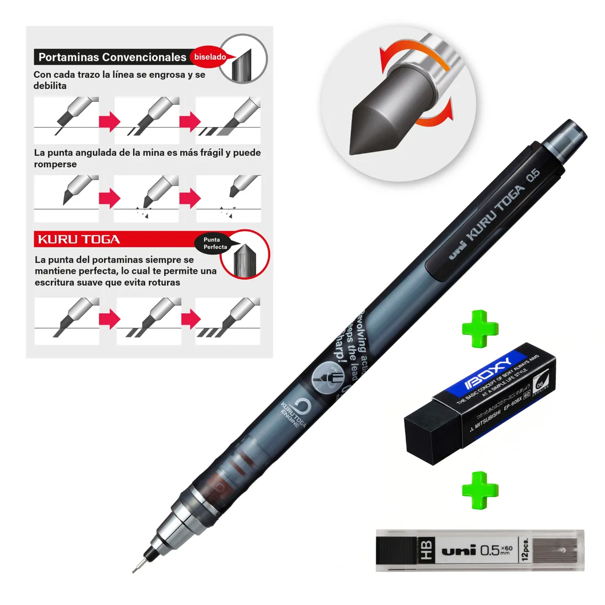 UNI BALL - Uni Kurutoga auto-tajable Negro + Borrador Boxy + Minas HB
