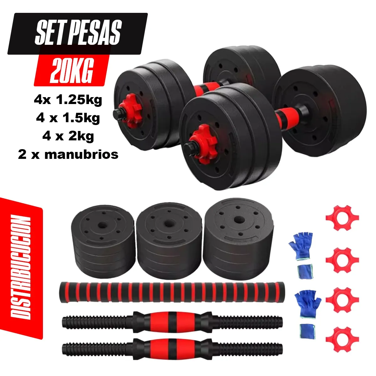 GENERICO - Pesas 20kg Set Convertible a Barra Importado Gym