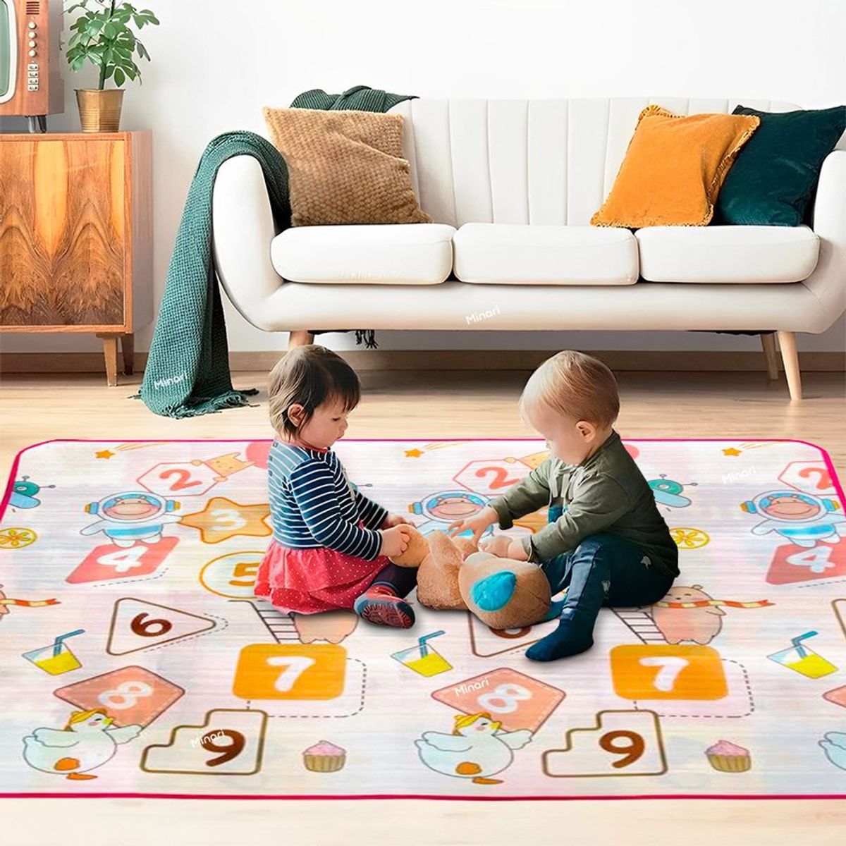 MINARI - Piso alfombra reversible impermeable para bebés niños fuccia