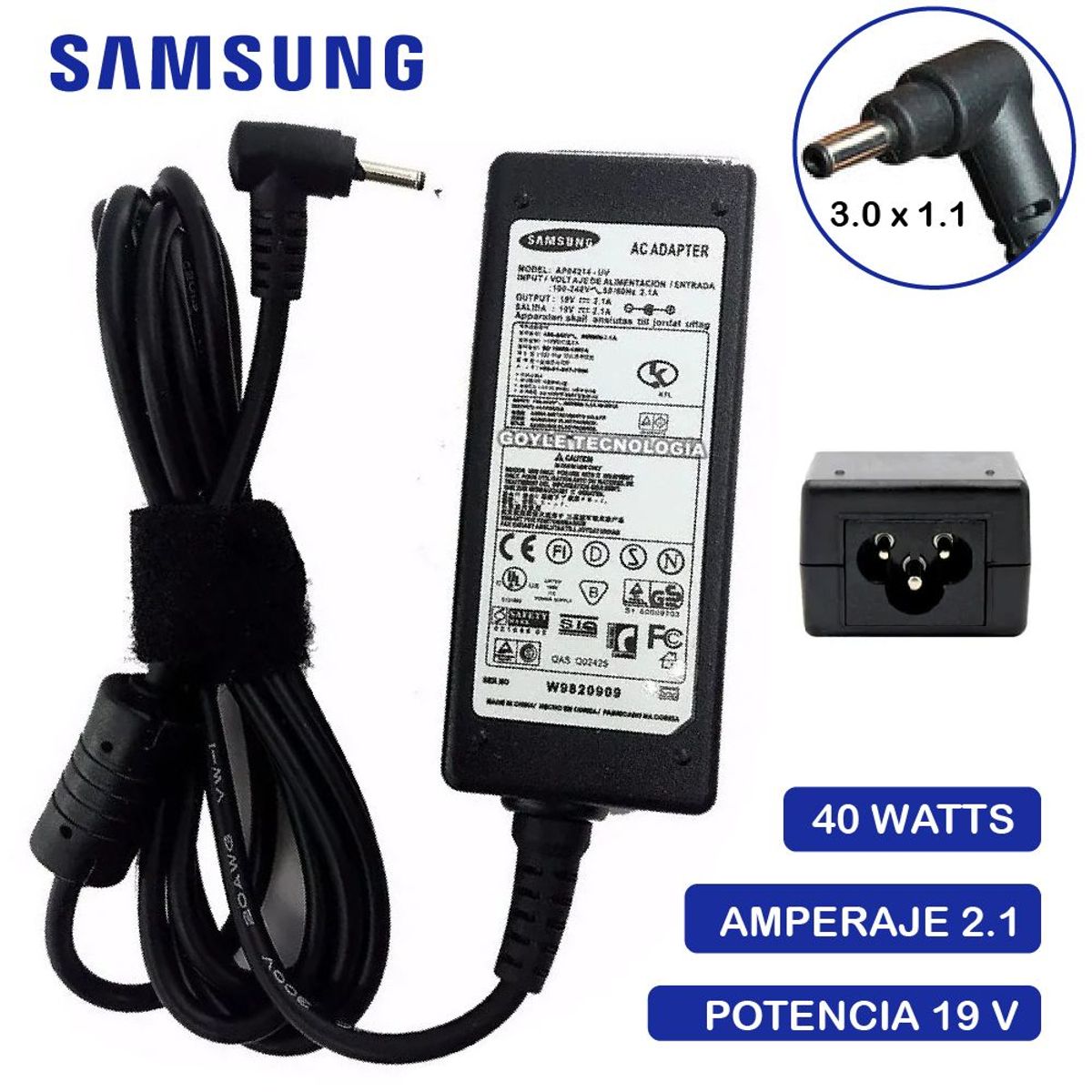GENERICO - Cargador  Sansung 19V 40W Ultra Delgado 3.0X1.1Mm