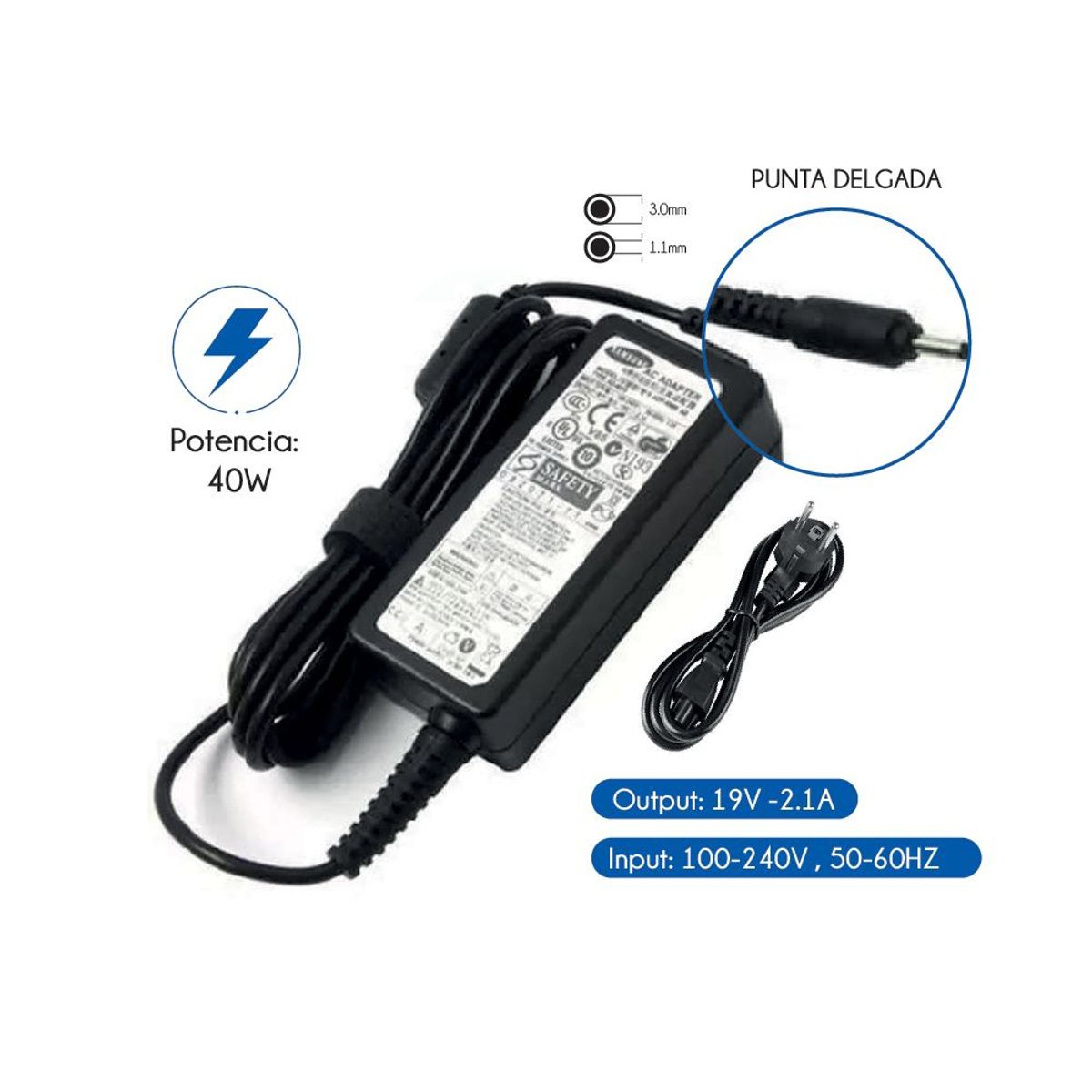 GENERICO - Cargador  Sansung 19V 40W Ultra Delgado 3.0X1.1Mm