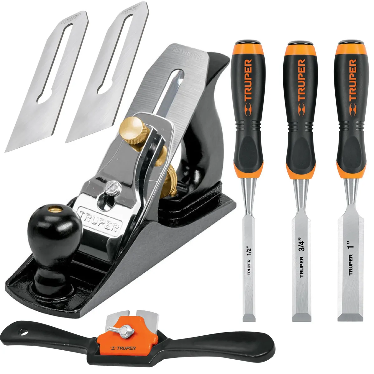 TRUPER - Combo cepillo carpintero garlopa 4 cuchilla de vuelta set formones