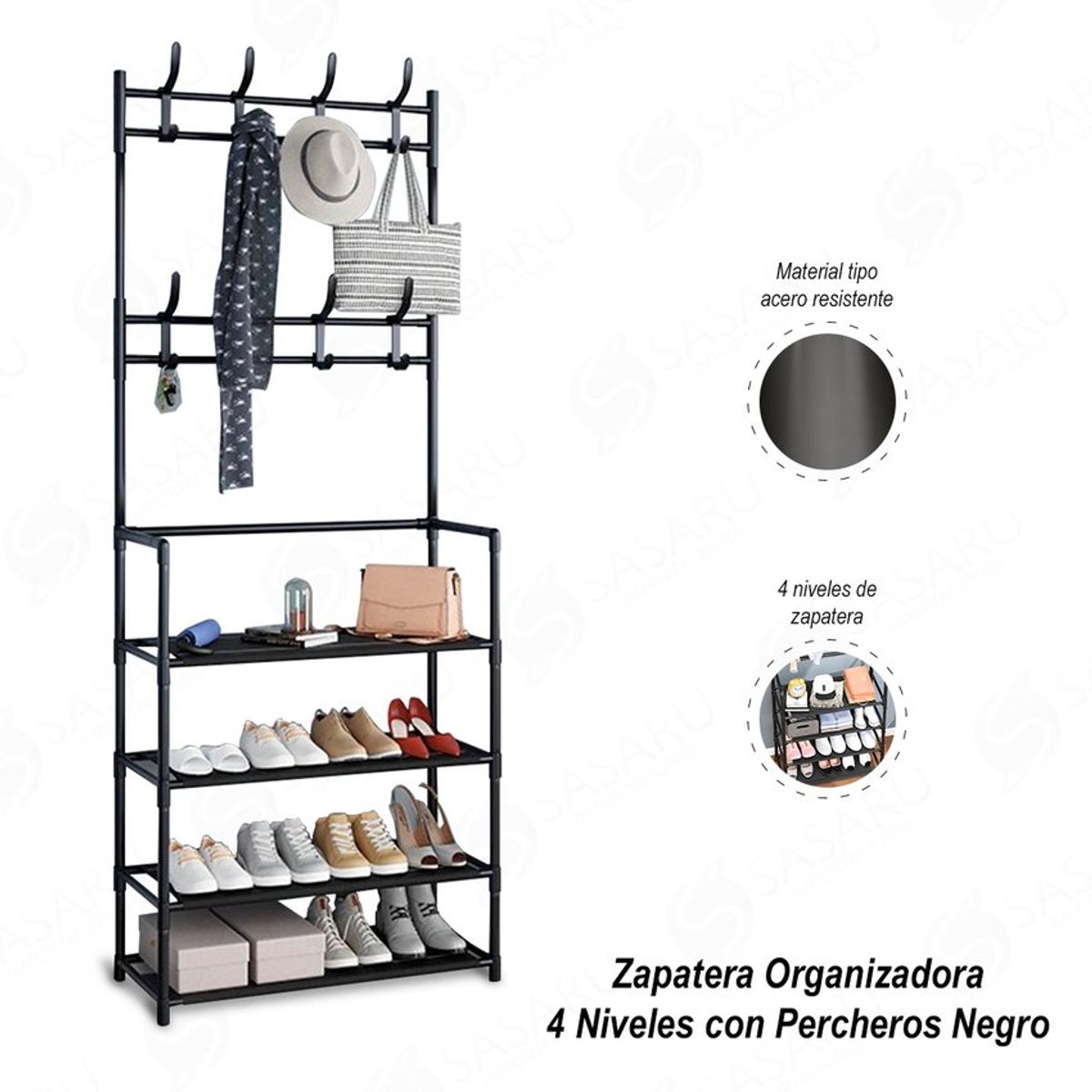 GENERICO - Zapatera organizadora 4 niveles con percheros negro