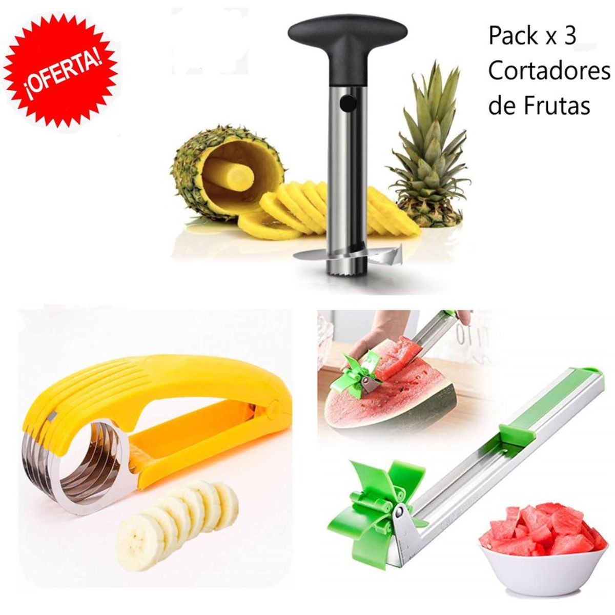 GENERICO - Pack x 3 cortadores de frutas, cortador de plátano, sandia, y piña