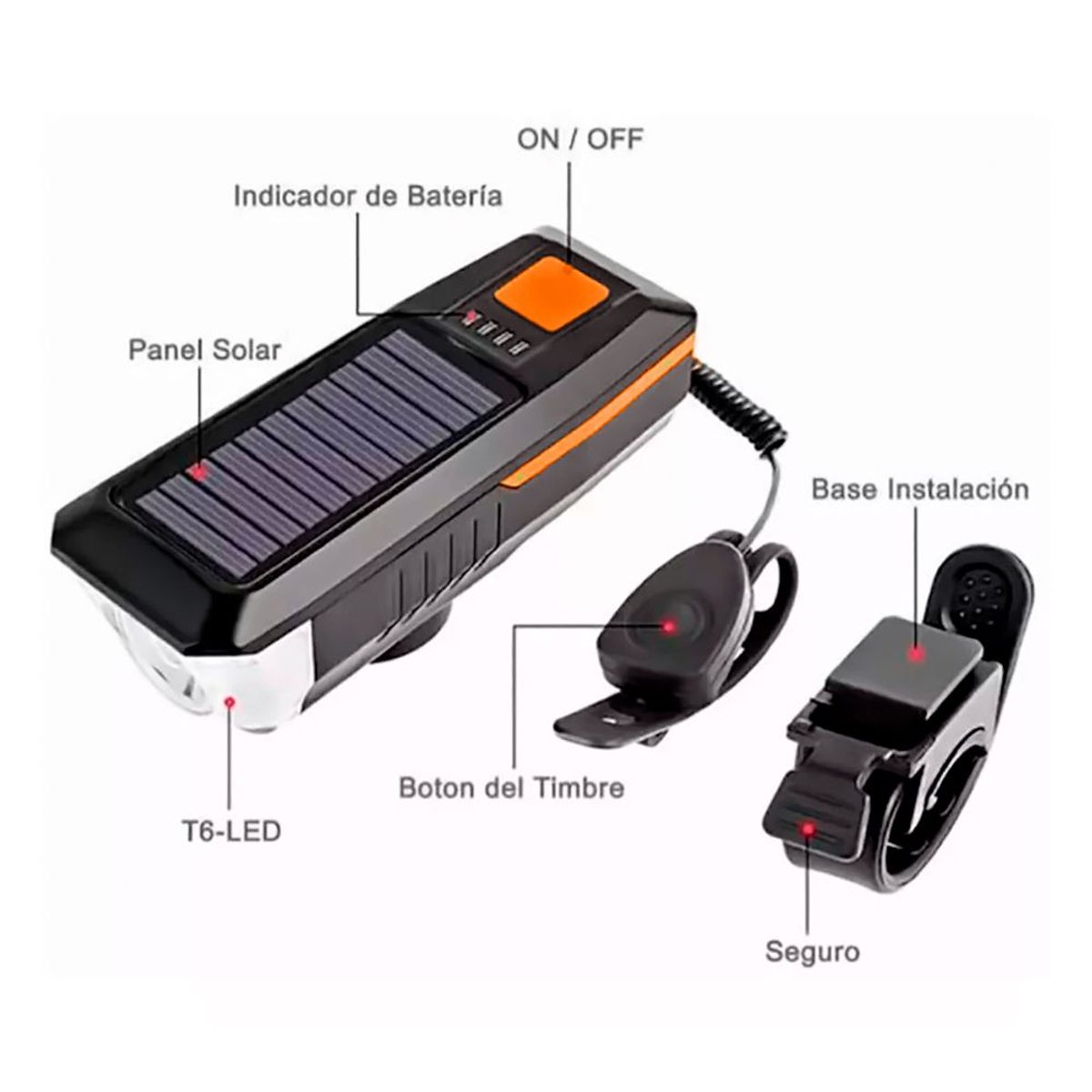 GENERICO - Linterna Led Bicicleta Delantera Timbre Solar Recargable
