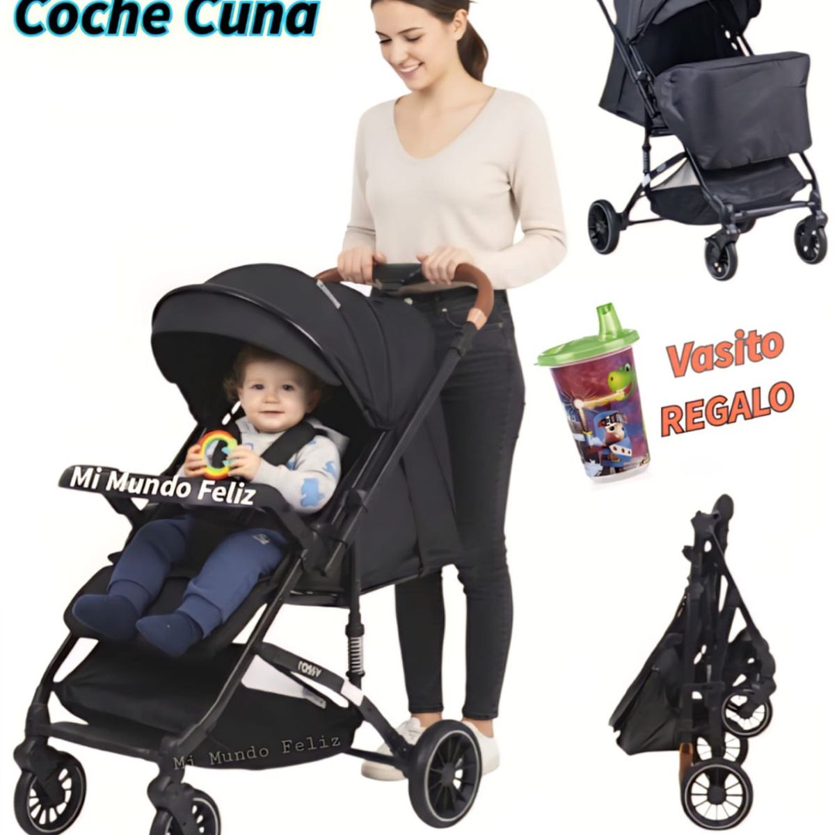 BABY HAPPY - Coche para Bebe Doble Acolchado con Cubrepies Black
