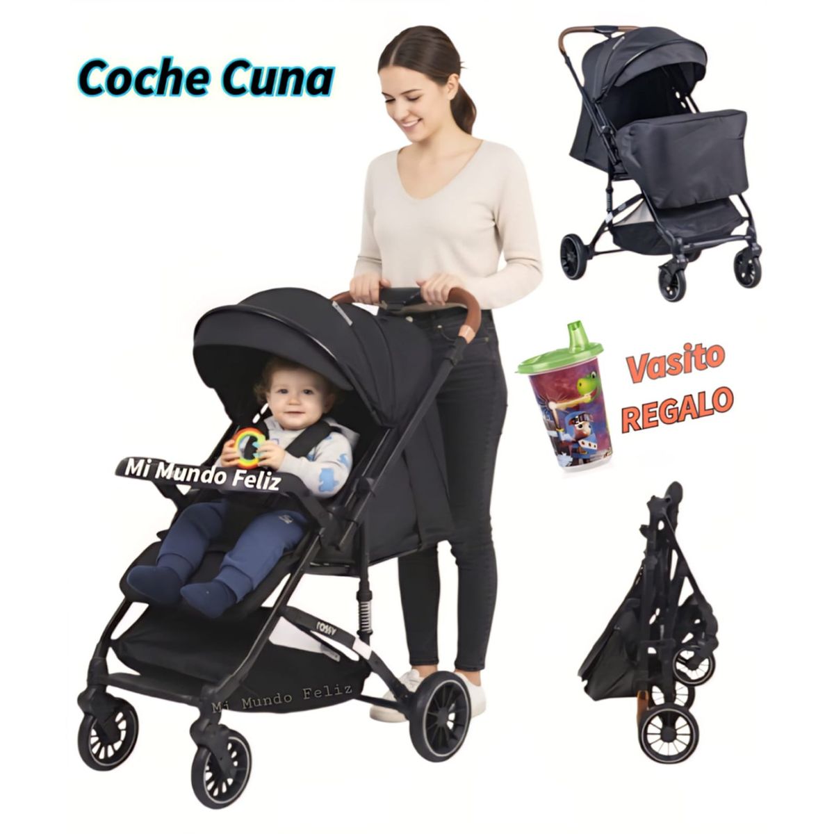 BABY HAPPY - Coche para Bebe Doble Acolchado con Cubrepies Black