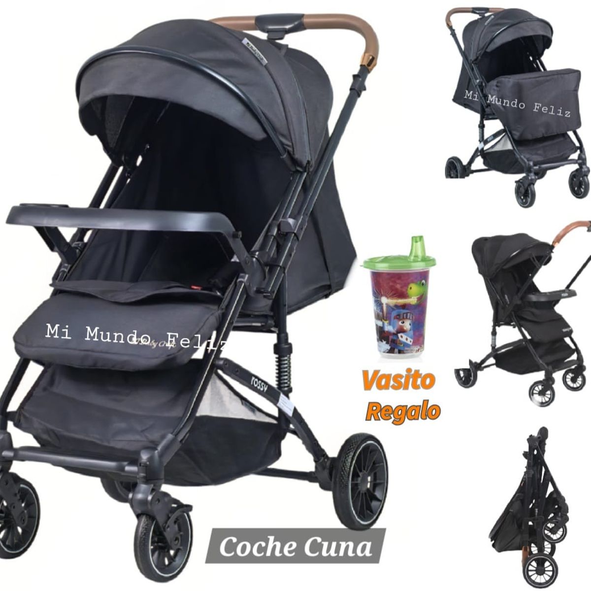 BABY HAPPY - Coche para Bebe Doble Acolchado con Cubrepies Black