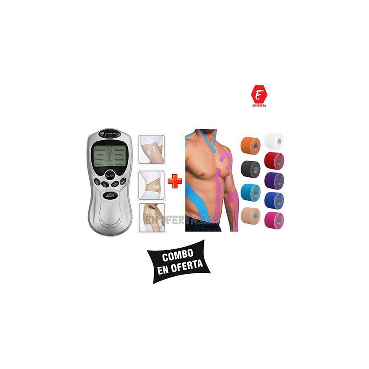 GENERICO - Electroestimulador Tens 8 Parches+ Cinta Kynesiotape Terapia