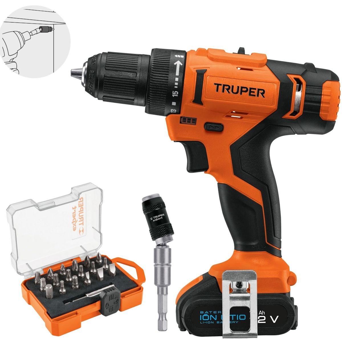 Truper - Combo taladro inalámbrico 12V +kit 19 piezas y adaptador magnetico