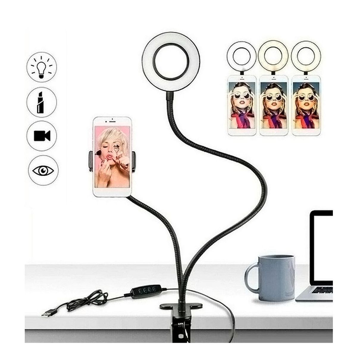 GENERICO - Lámpara de escritorio Luz LED Streaming 2 en 1 flexible para mesa