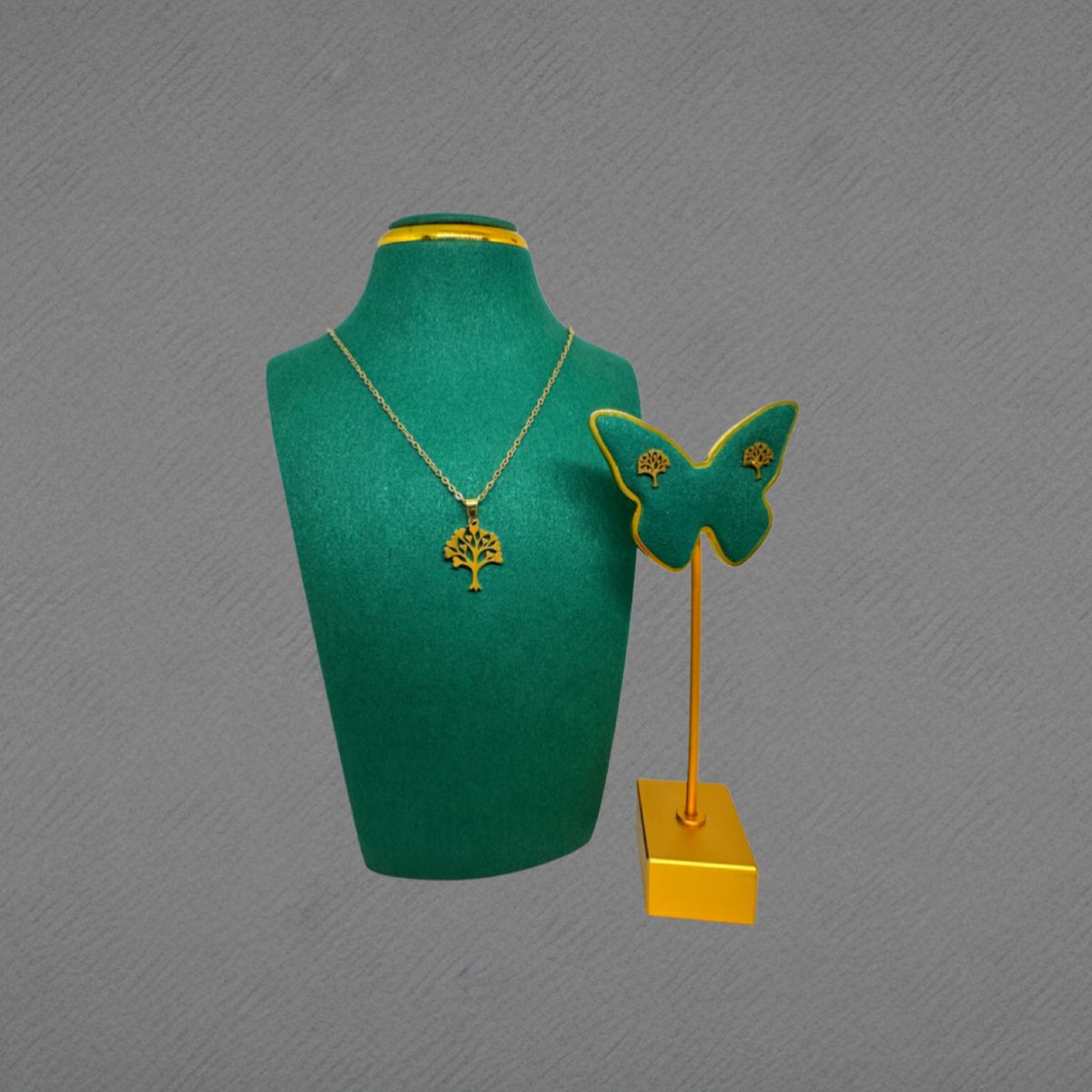 GENERICO - Pack Acero Collar con dije y Aretes - Arbol Abundancia Hoja Cor Dorado