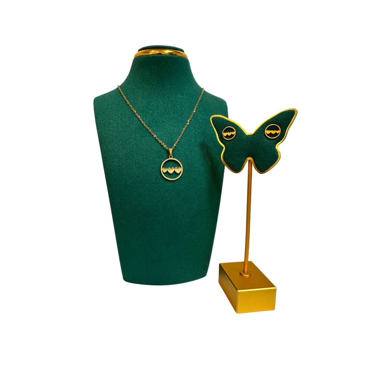 GENERICO - Pack Acero Collar con dije y Aretes - 3 Corazones Encerrados