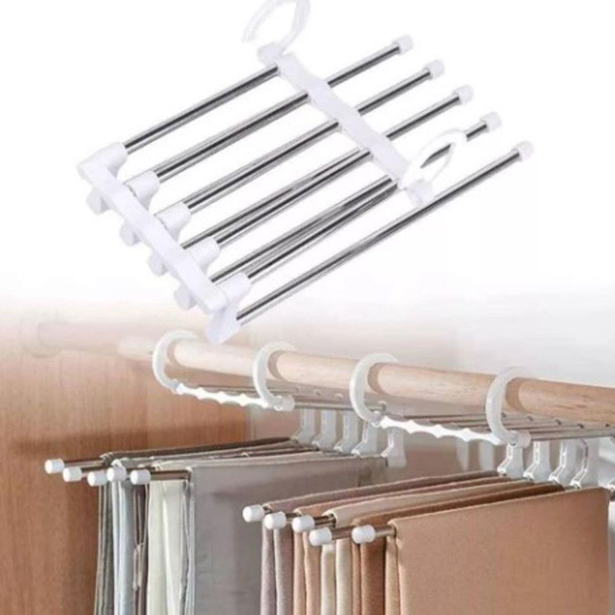 GENERICO - Perchero organizador pantalones plegable armario acero 5 en 1 Blanco