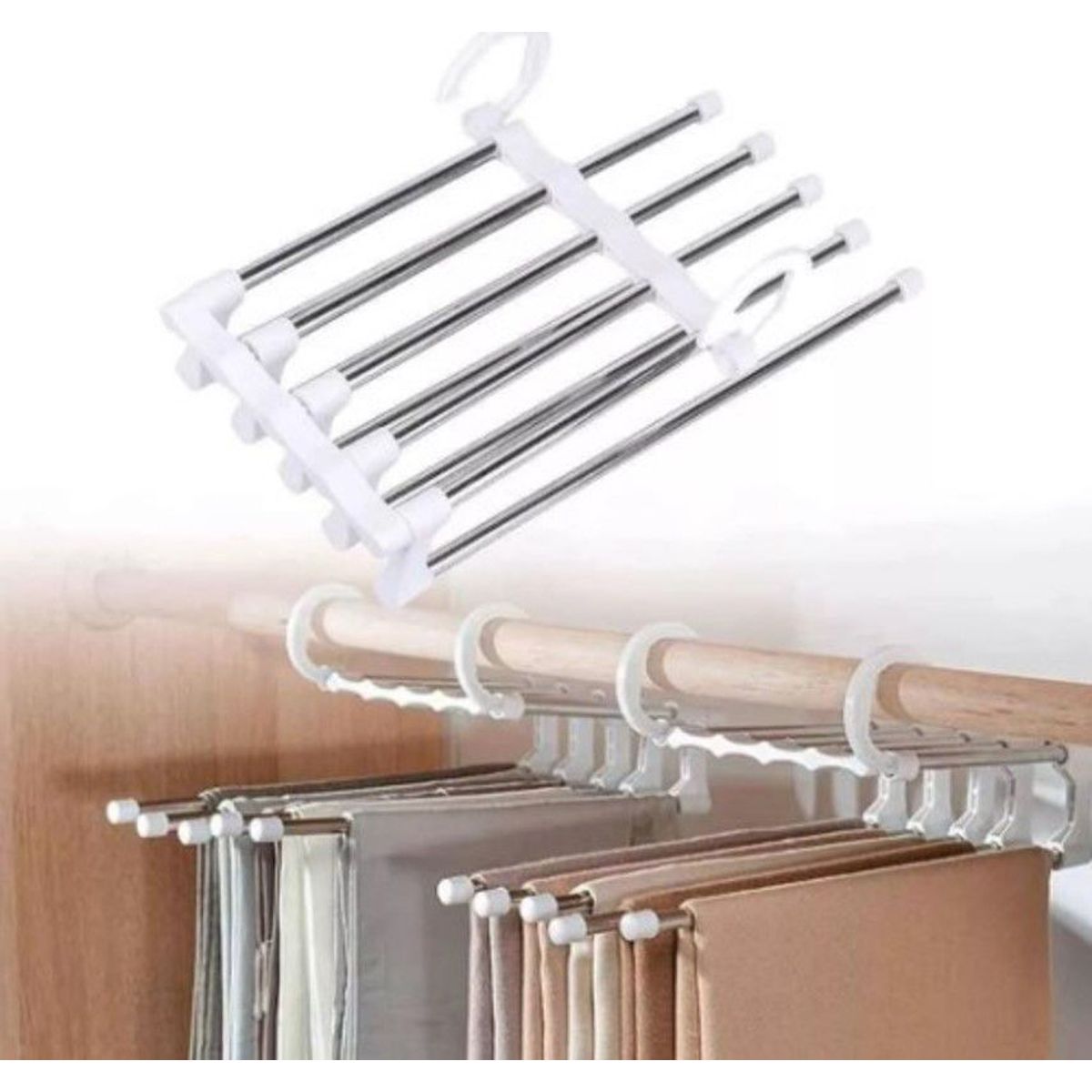 GENERICO - Perchero organizador pantalones plegable armario acero 5 en 1 Blanco