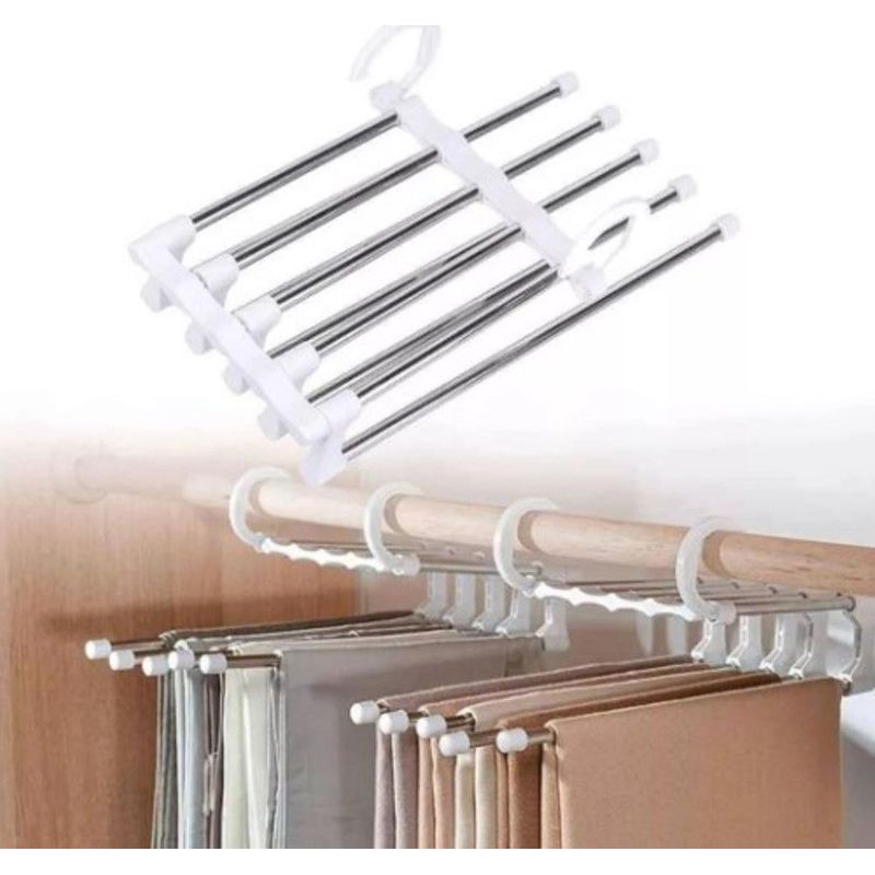 GENERICO - Perchero organizador pantalones plegable armario acero 5 en 1 Blanco