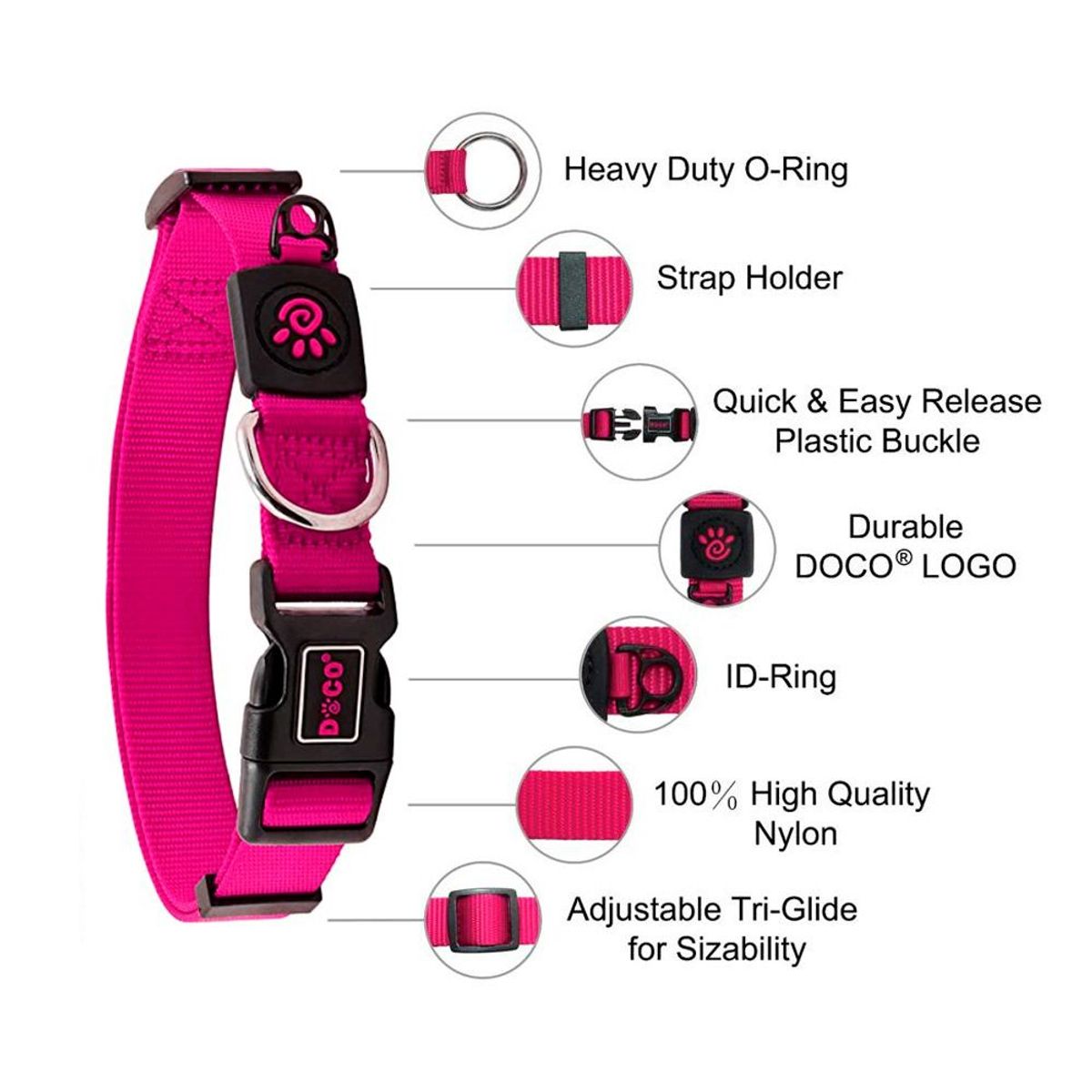DOCO - Collar Para Perro Doco Nylon Ajustable Xs Rosado 21-30Cm