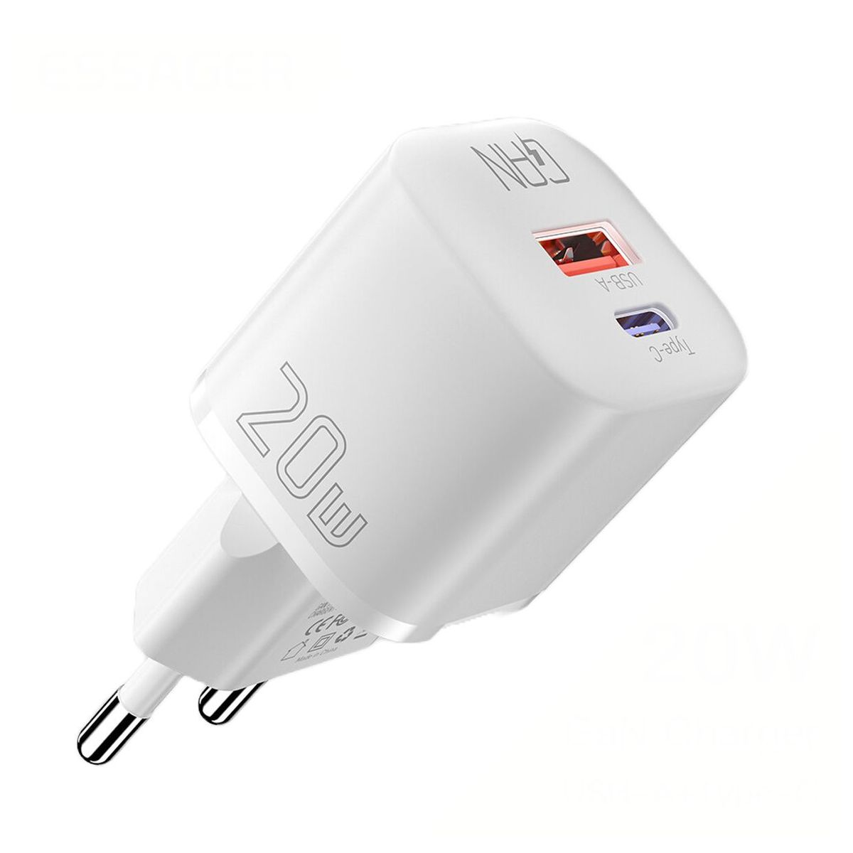 ESSAGER - Cargador 20W Carga Rápida  Dual Tipo C Y USB Blanco