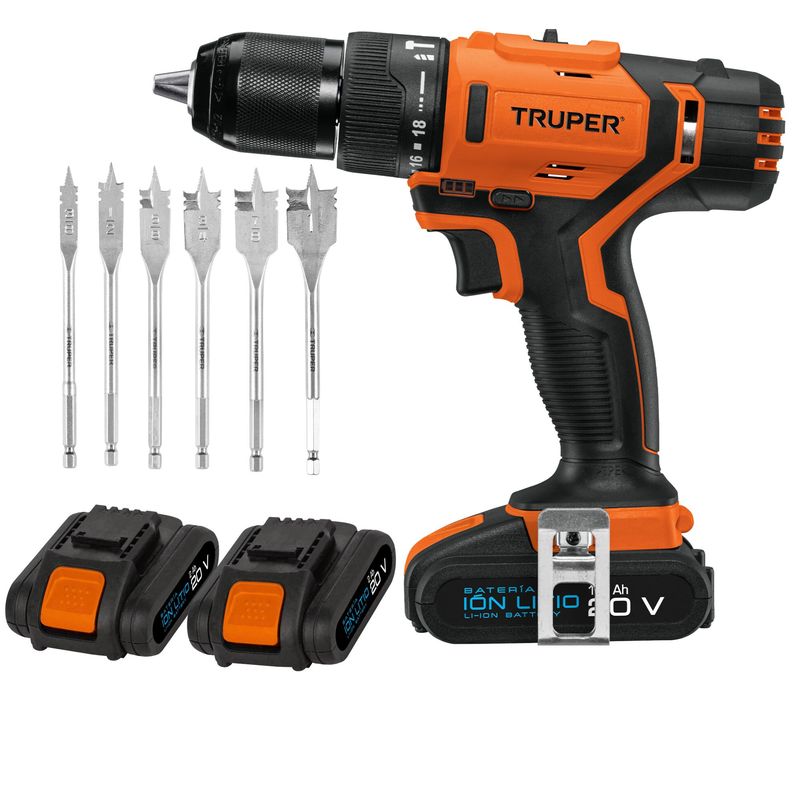 TRUPER - Combo taladro percutor inalámbrico 2 baterías 20V, brocas de madera