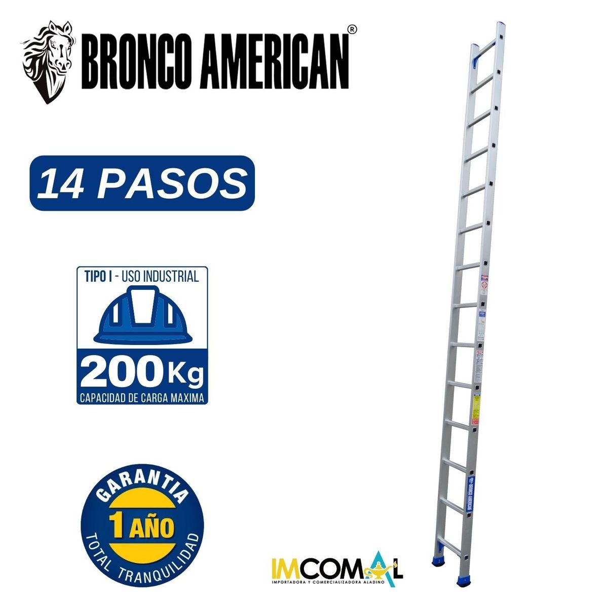 BRONCO AMERICAN - Escalera Aluminio Tipo Arrimo de 14 Pasos.