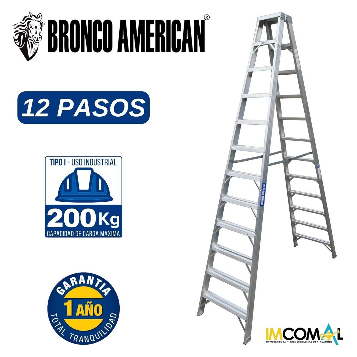 BRONCO AMERICAN - Escalera Aluminio Tijera Doble Ascenso de 12 Pasos.