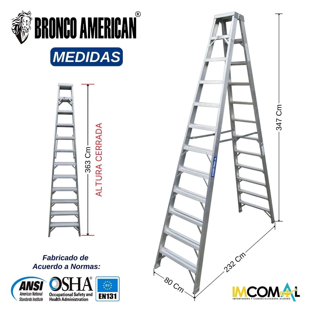 BRONCO AMERICAN - Escalera Aluminio Tijera Doble Ascenso de 12 Pasos.
