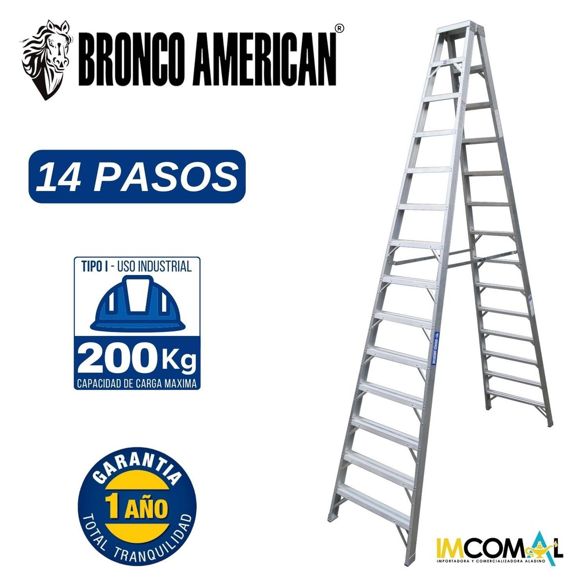 BRONCO AMERICAN - Escalera Aluminio Tijera Doble Ascenso de 14 Pasos.