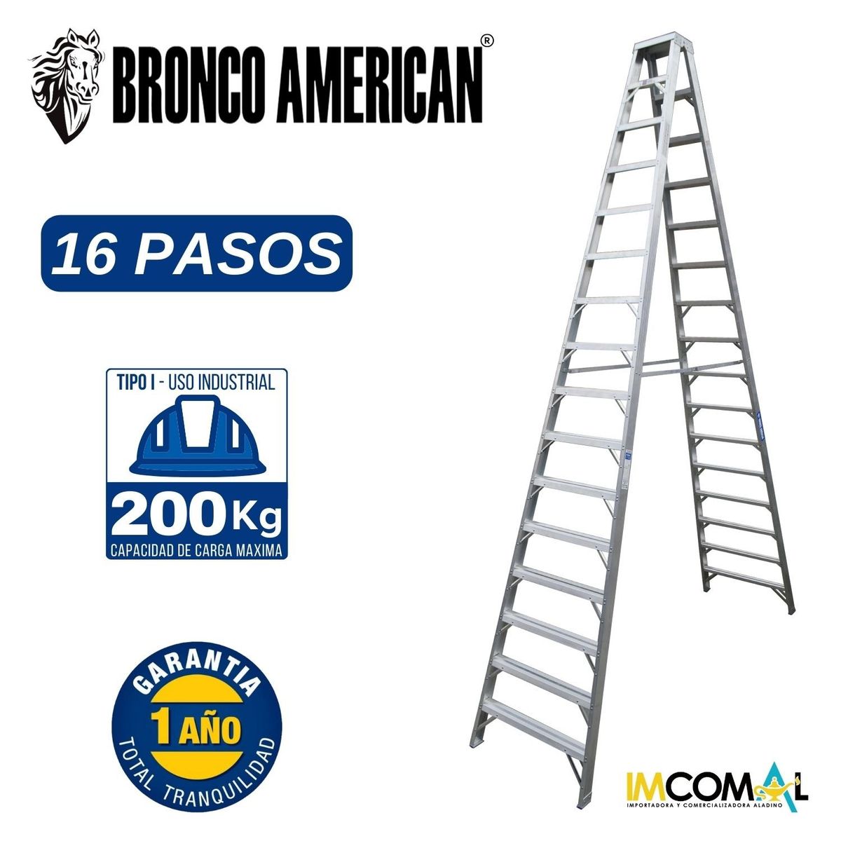 BRONCO AMERICAN - Escalera Aluminio Tijera Doble Ascenso de 16 Pasos.
