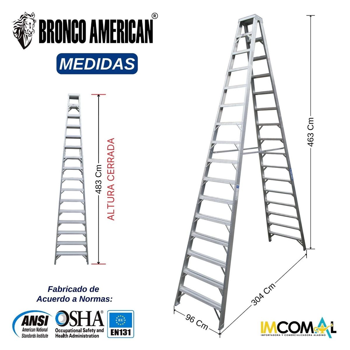 BRONCO AMERICAN - Escalera Aluminio Tijera Doble Ascenso de 16 Pasos.