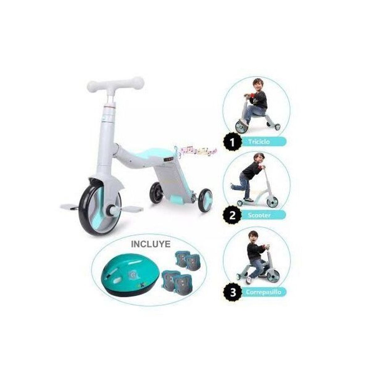 GENERICO - Scooter Triciclo con Luces y Casco Celeste