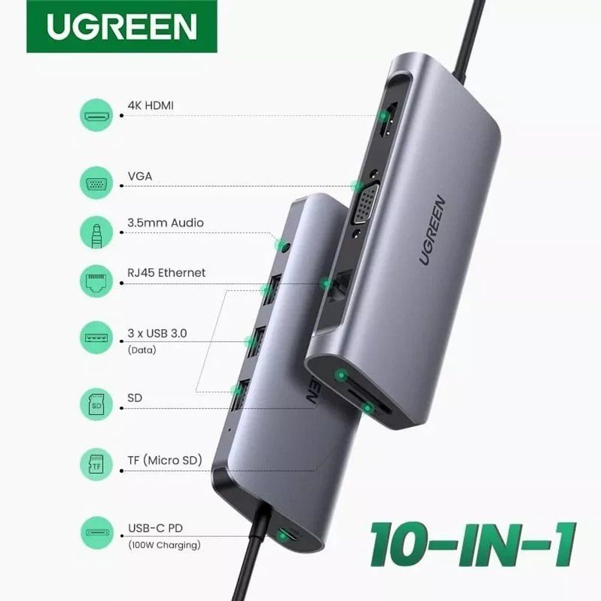 UGREEN - Adaptador Hub Multifuncional CM179 Ugreen Tipo-c 10 En 1