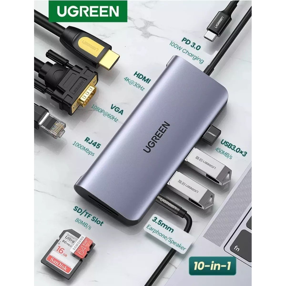 UGREEN - Adaptador Hub Multifuncional CM179 Ugreen Tipo-c 10 En 1