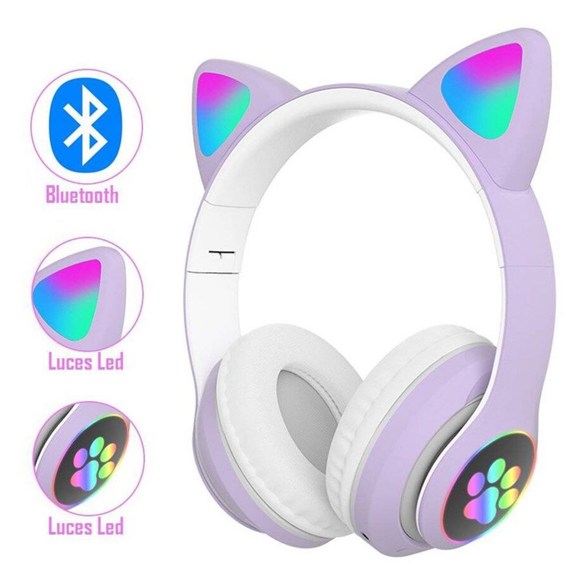 GENERICO - Audífono Bluetooth Gato con Luz Led Lila