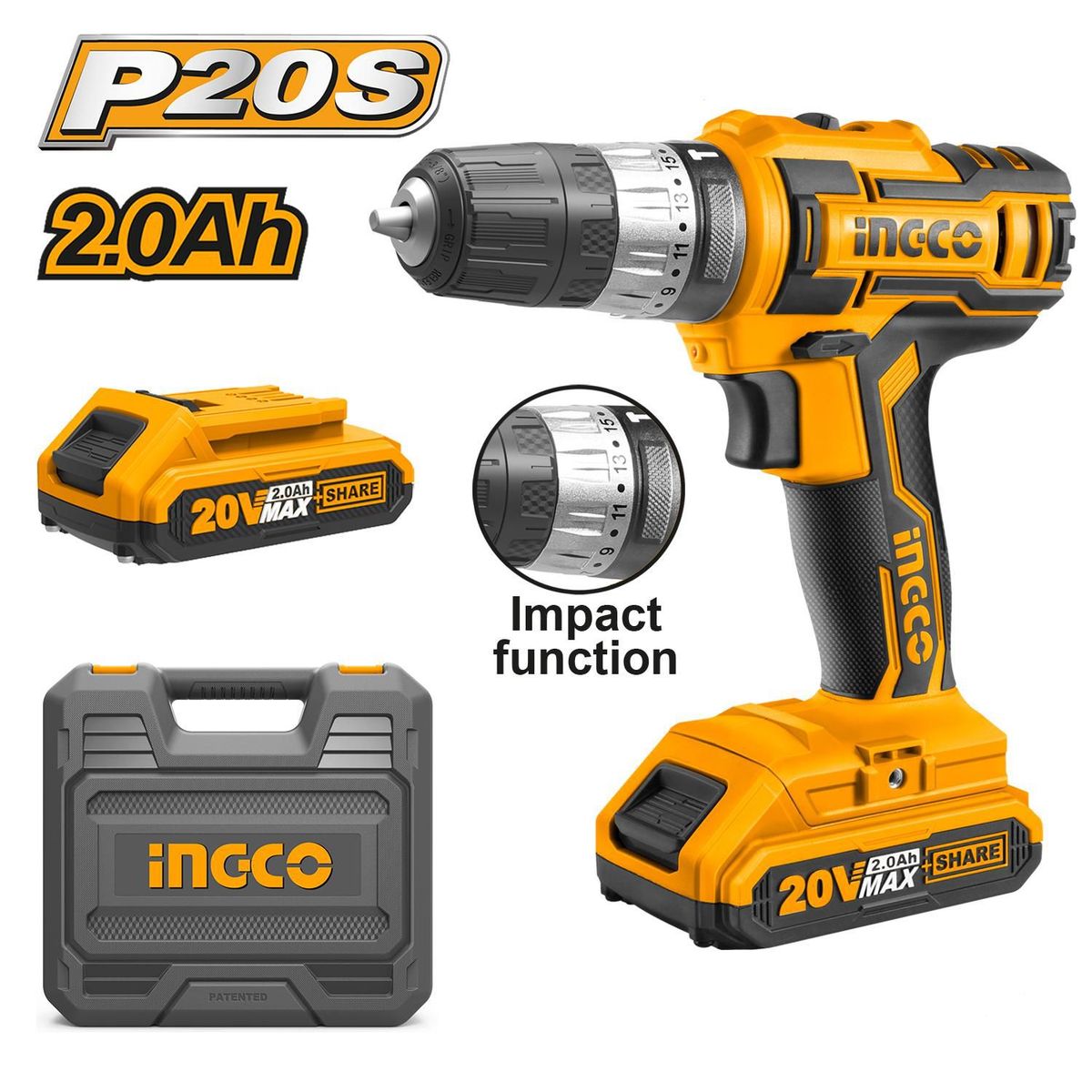 INGCO TOOLS - TALADRO ATORNILLADOR  20V  2.0 Ah CON PERCUTOR P20S  INGCO CIDLI200215