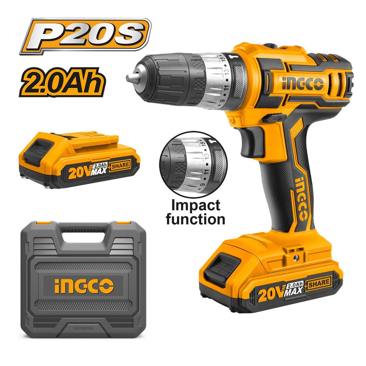 INGCO TOOLS - TALADRO ATORNILLADOR  20V  2.0 Ah CON PERCUTOR P20S  INGCO CIDLI200215