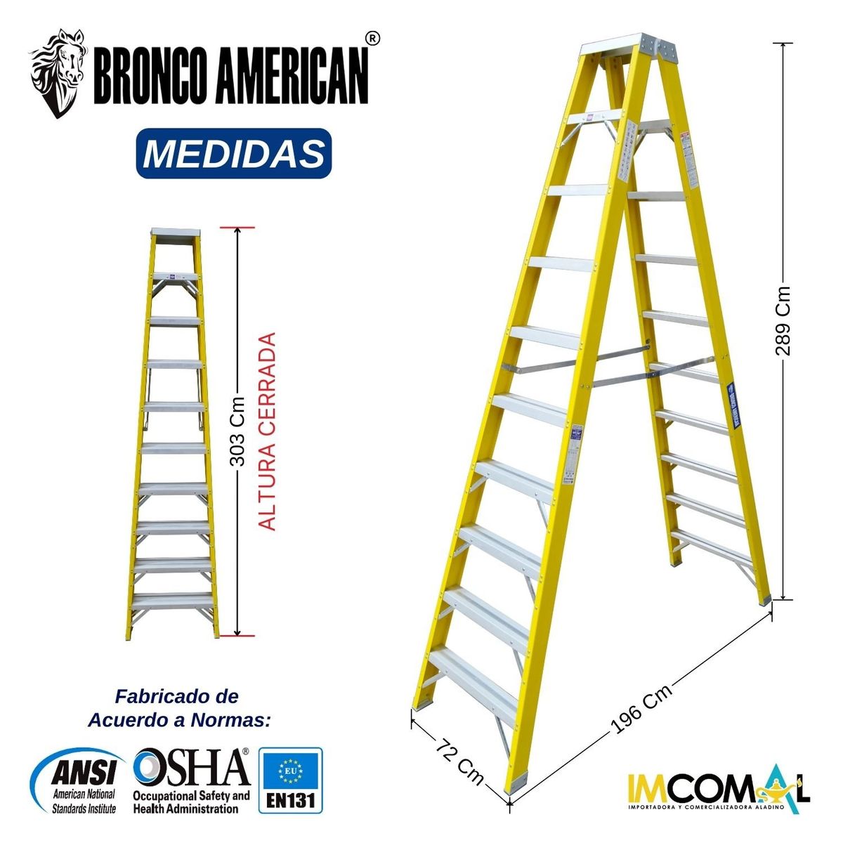 BRONCO AMERICAN - Escalera Fibra de Vidrio Tijera Doble Ascenso de 10 Pasos.