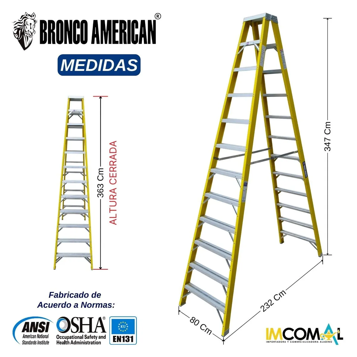 BRONCO AMERICAN - Escalera Fibra de Vidrio Tijera Doble Ascenso de 12 Pasos.