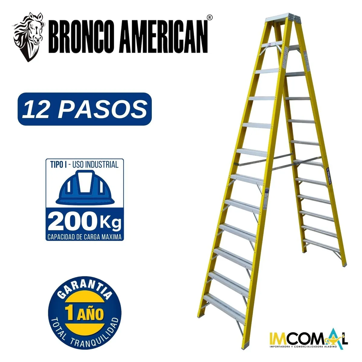 BRONCO AMERICAN - Escalera Fibra de Vidrio Tijera Doble Ascenso de 12 Pasos.
