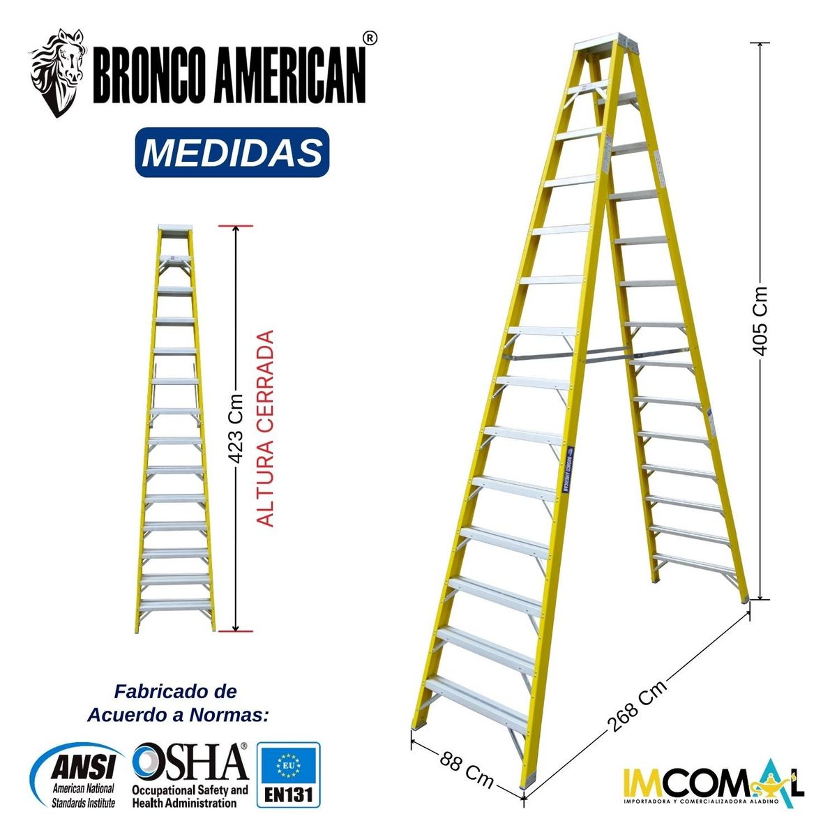 BRONCO AMERICAN - Escalera Fibra de Vidrio Tijera Doble Ascenso de 14 Pasos.