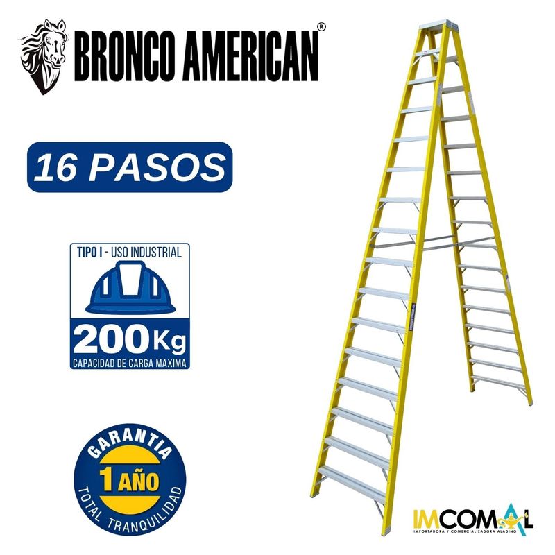 BRONCO AMERICAN - Escalera Fibra de Vidrio Tijera Doble Ascenso de 16 Pasos.