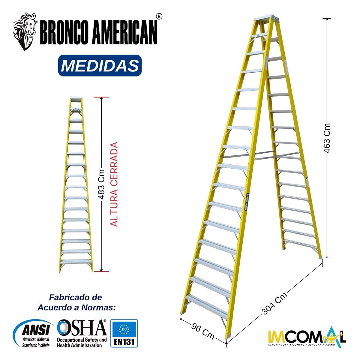 BRONCO AMERICAN - Escalera Fibra de Vidrio Tijera Doble Ascenso de 16 Pasos.